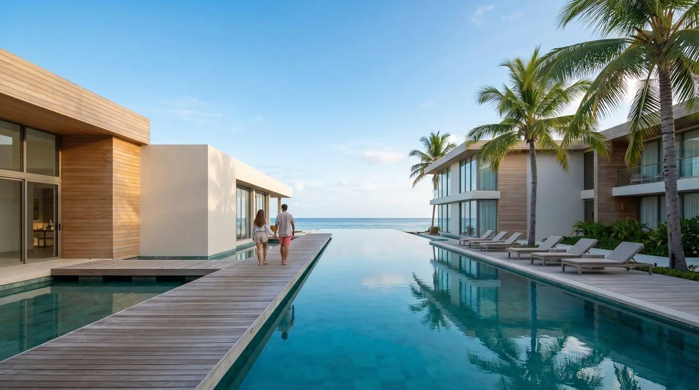 Architecture moderne du resort avec piscine à débordement et vue sur la mer.