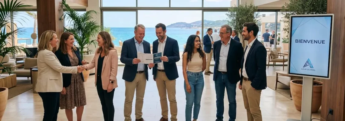 Groupe de professionnels souriants accueillis dans le hall lumineux d'un resort de luxe avec vue sur la mer.