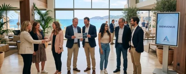 Groupe de professionnels souriants accueillis dans le hall lumineux d'un resort de luxe avec vue sur la mer.