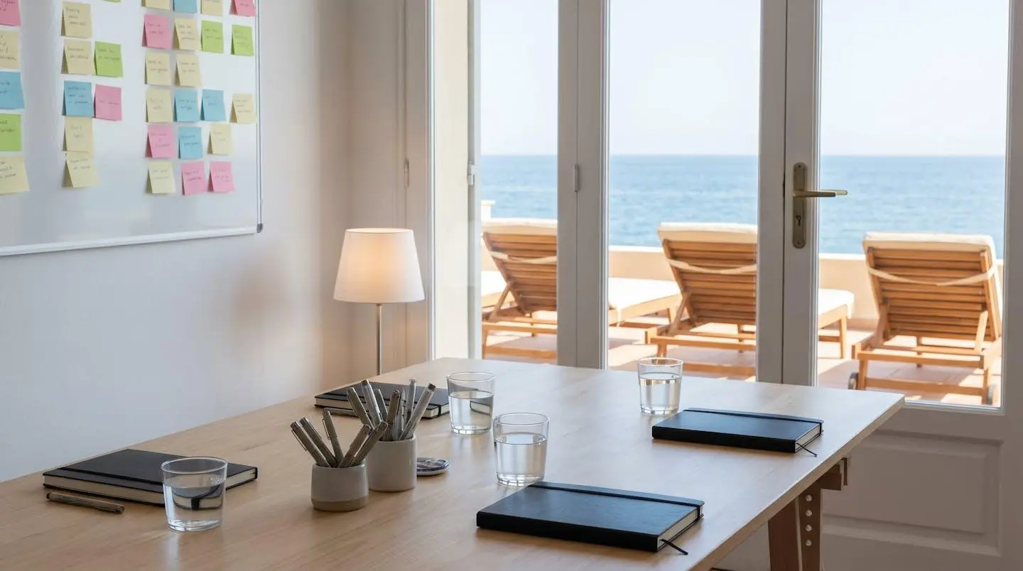 Table de travail minimaliste avec carnets et tableau blanc, vue sur la mer depuis la terrasse.